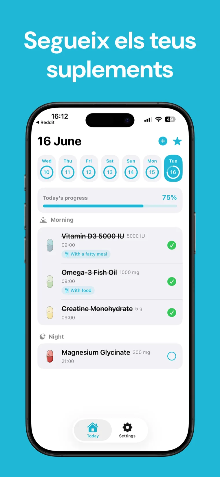 Segueix els teus suplements — Seguiment Suplements en un iPhone mostrant la teva llista de suplements amb temporitzadors per a la següent presa