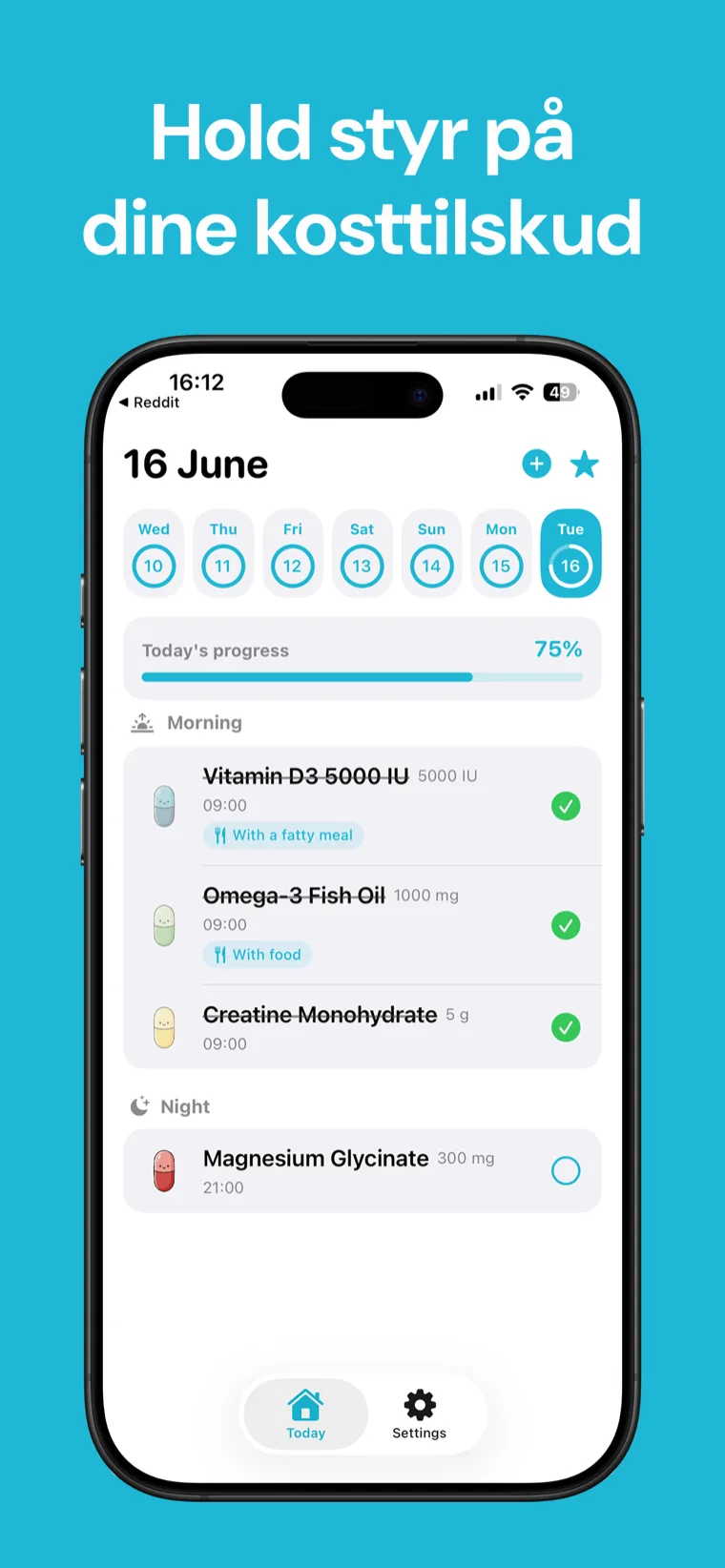 Hold styr på dine kosttilskud — Kosttilskud Tracker på iPhone viser din supplementliste med nedtællingstimere til næste dosis