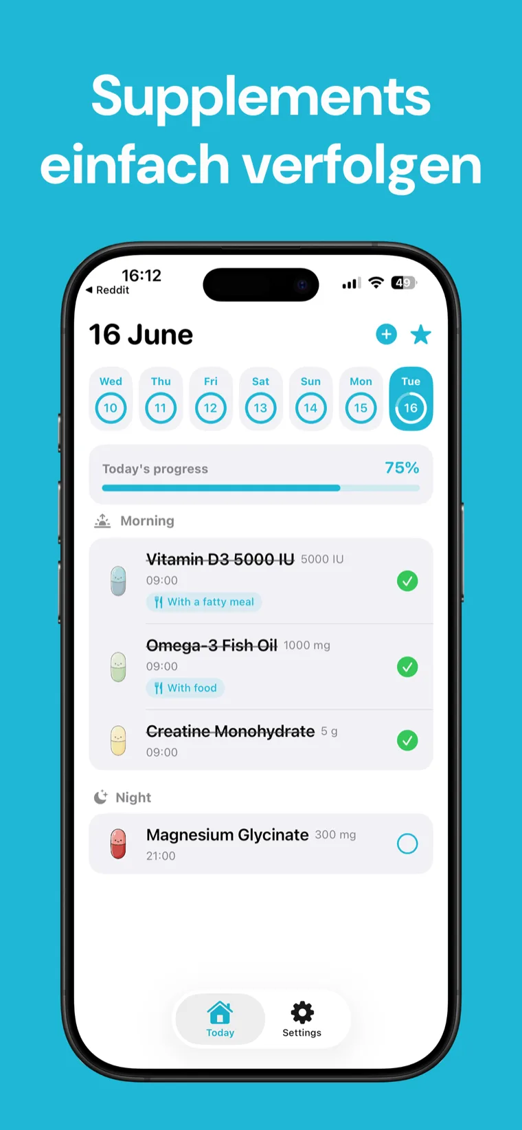 Supplements einfach verfolgen — Supplement Tracker auf dem iPhone mit deiner Supplementliste und Countdown-Timern bis zur nächsten Dosis