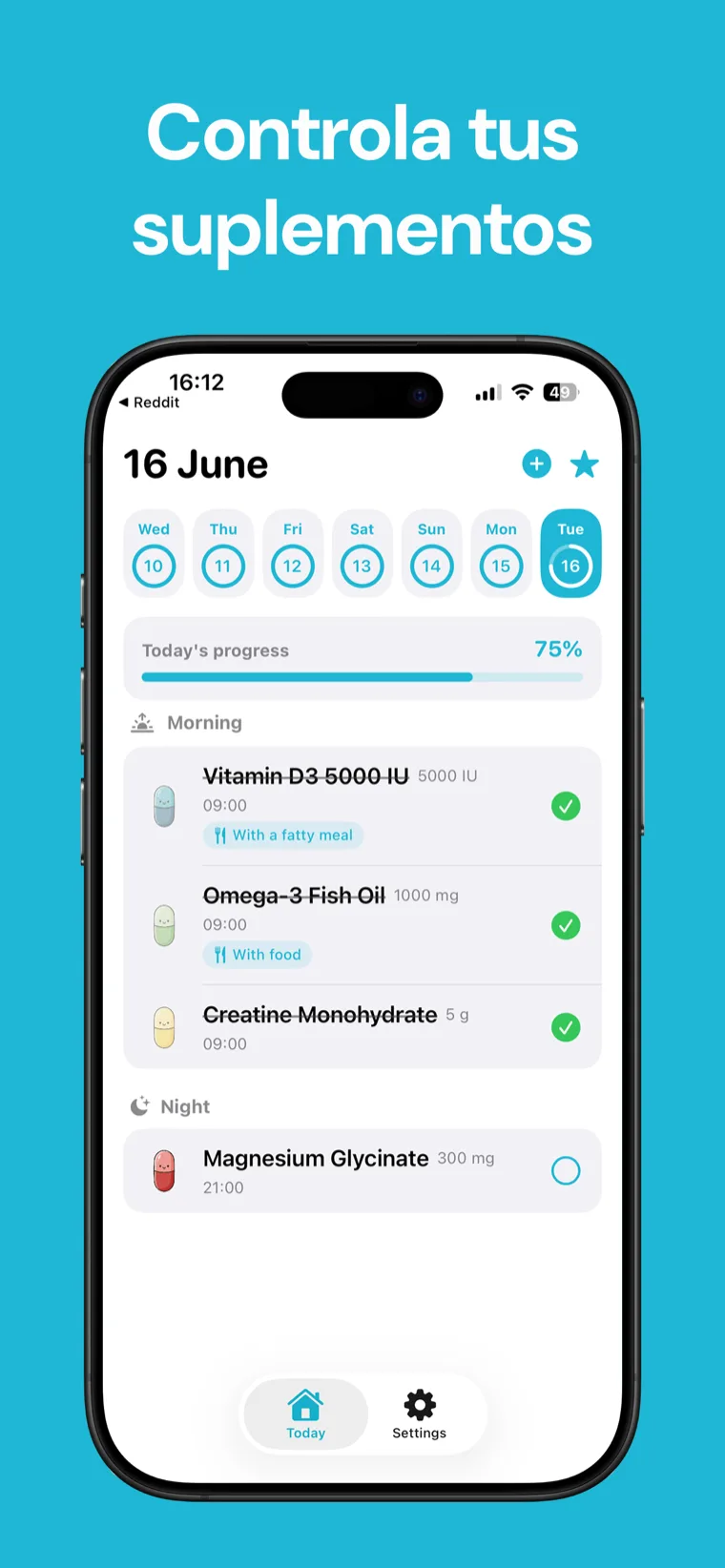 Controla tus suplementos — Suplementos Tracker en iPhone mostrando tu lista de suplementos con temporizadores de cuenta atrás hasta la siguiente dosis