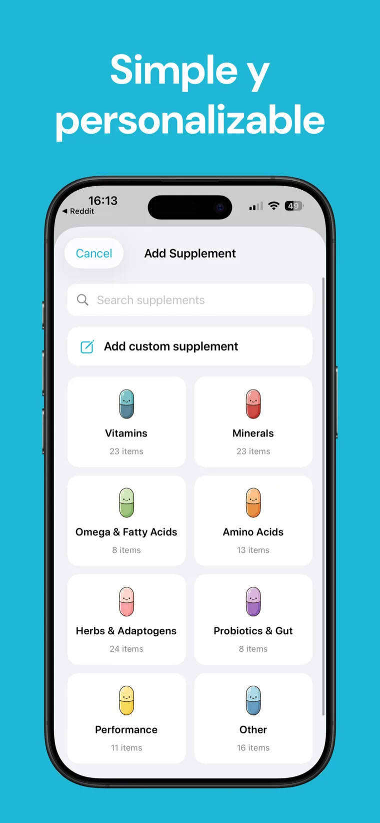 Simple y personalizable — Suplementos Tracker mostrando el nombre personalizado, la mascota, la dosis y los ajustes de horario de un suplemento