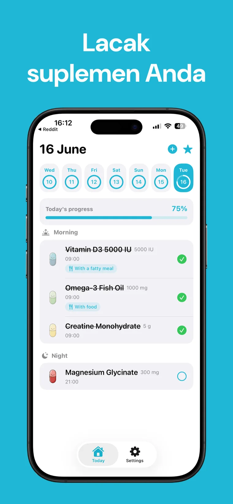 Lacak suplemen Anda — Suplemen Tracker di iPhone menampilkan daftar suplemen Anda dengan pengatur waktu mundur ke dosis berikutnya