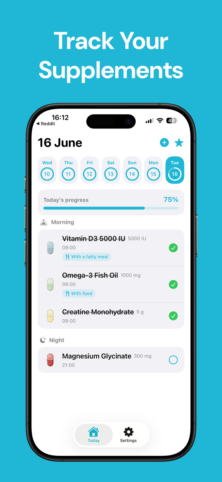 Track Your Supplements — Supplement Tracker on iPhone showing your supplement list with countdown timers to the next dose