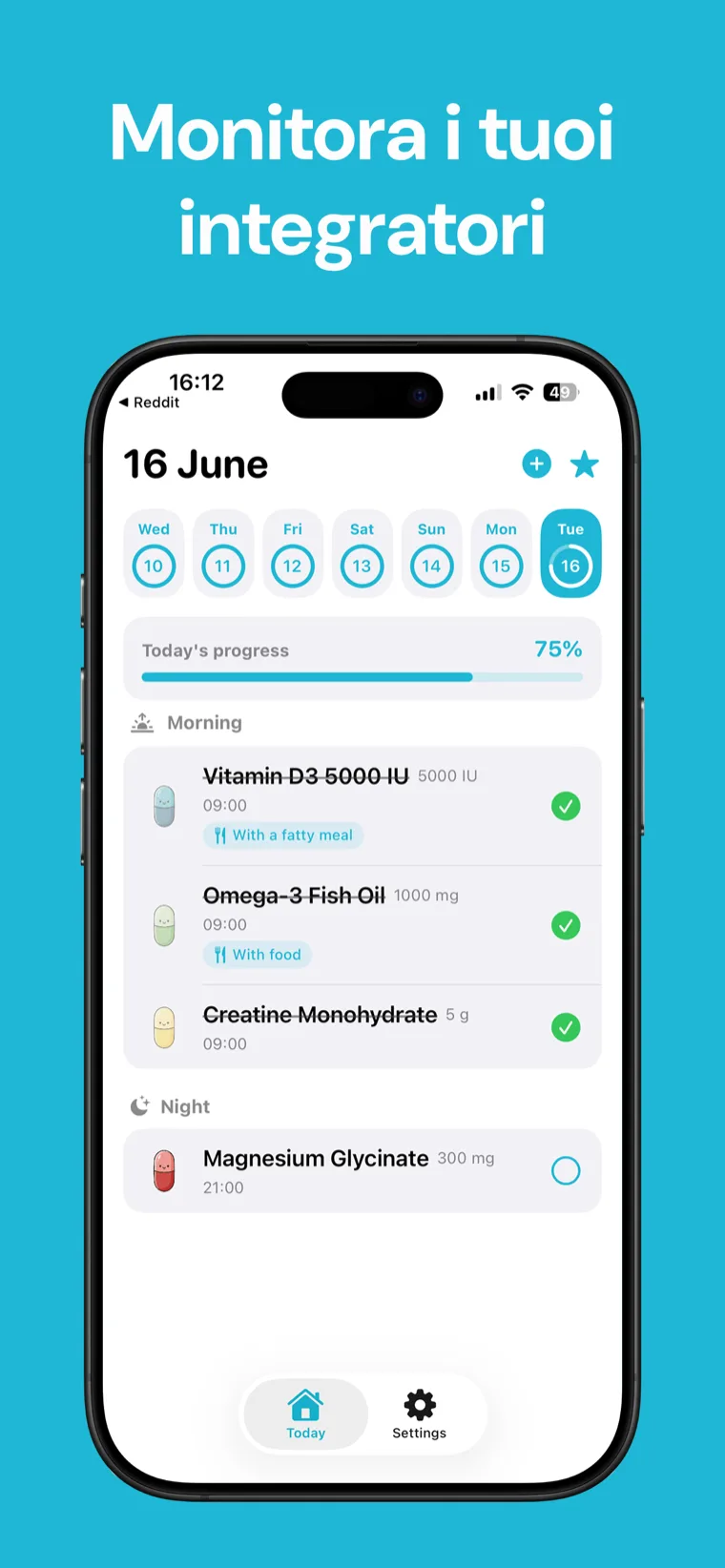 Monitora i tuoi integratori — Integratori Tracker su iPhone che mostra l'elenco degli integratori con i contatori alla rovescia per la dose successiva