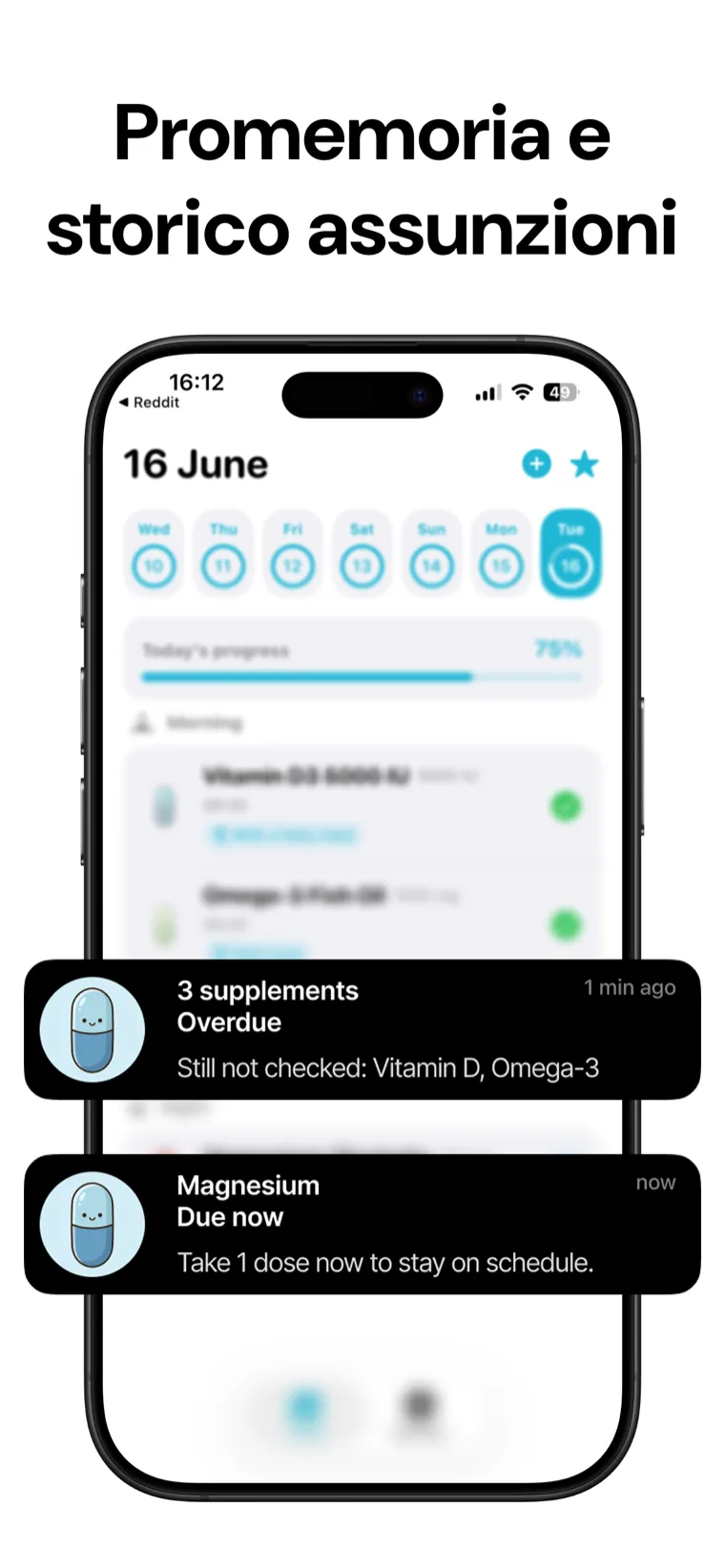 Promemoria e storico assunzioni — Integratori Tracker che mostra i promemoria delle dosi e lo storico completo delle assunzioni
