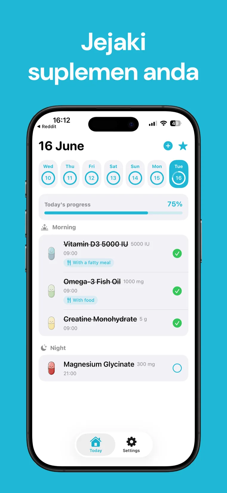 Jejaki suplemen anda — Suplemen Tracker pada iPhone menunjukkan senarai suplemen anda dengan pemasa kira detik ke dos seterusnya