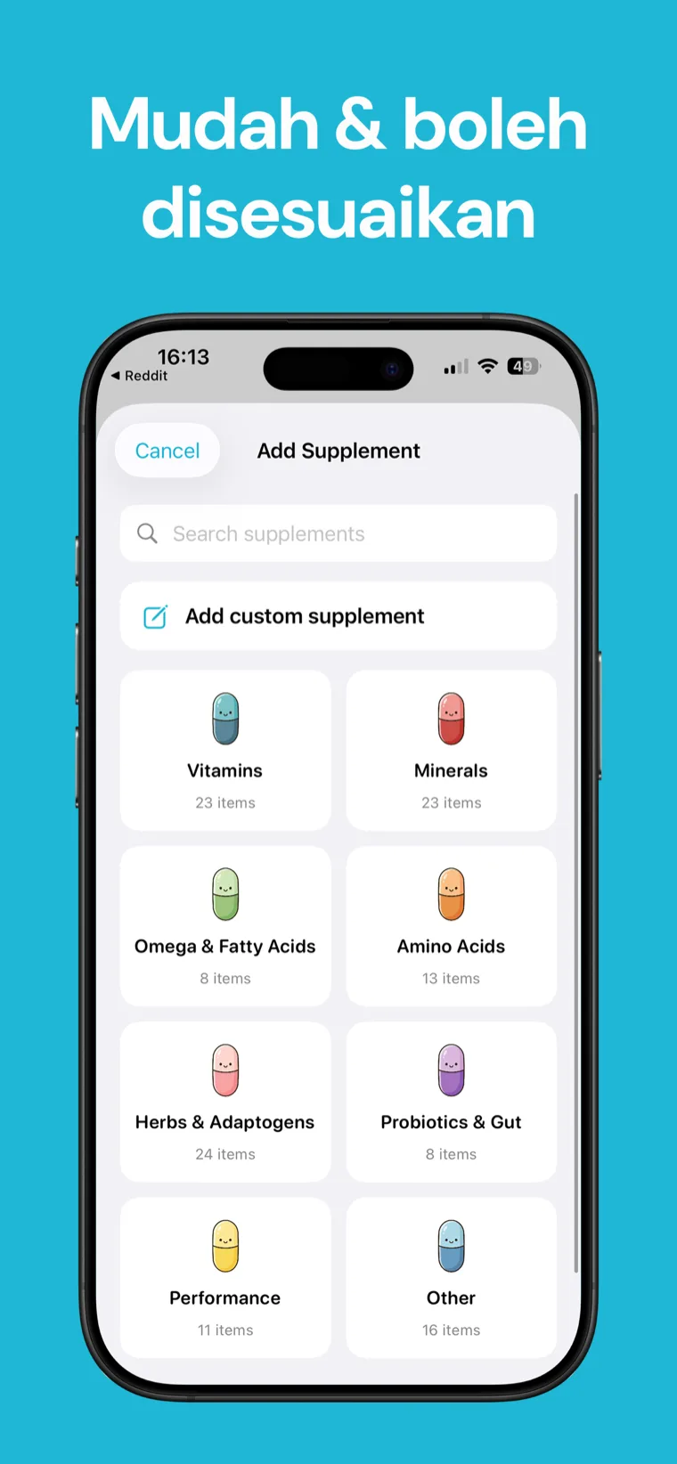 Mudah & boleh disesuaikan — Suplemen Tracker menunjukkan nama tersuai, maskot, dos dan tetapan jadual untuk suplemen
