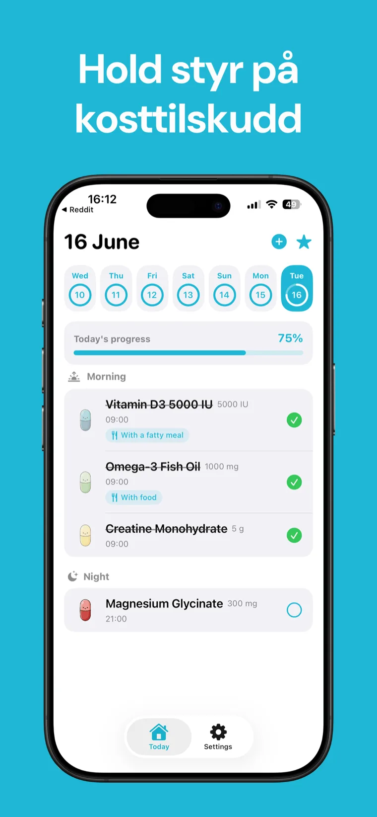 Hold styr på kosttilskudd — Kosttilskudd Tracker på iPhone viser listen din med kosttilskudd og nedtellingstidtakere til neste dose