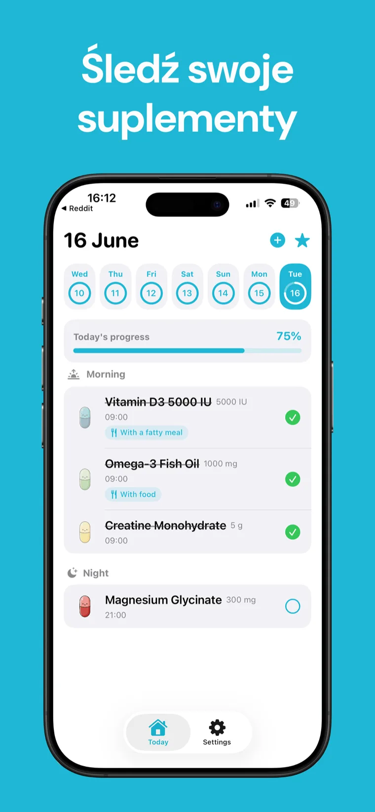 Śledź swoje suplementy — zrzut ekranu aplikacji Suplementy Tracker na iPhone pokazujący listę suplementów z licznikami czasu do następnej dawki
