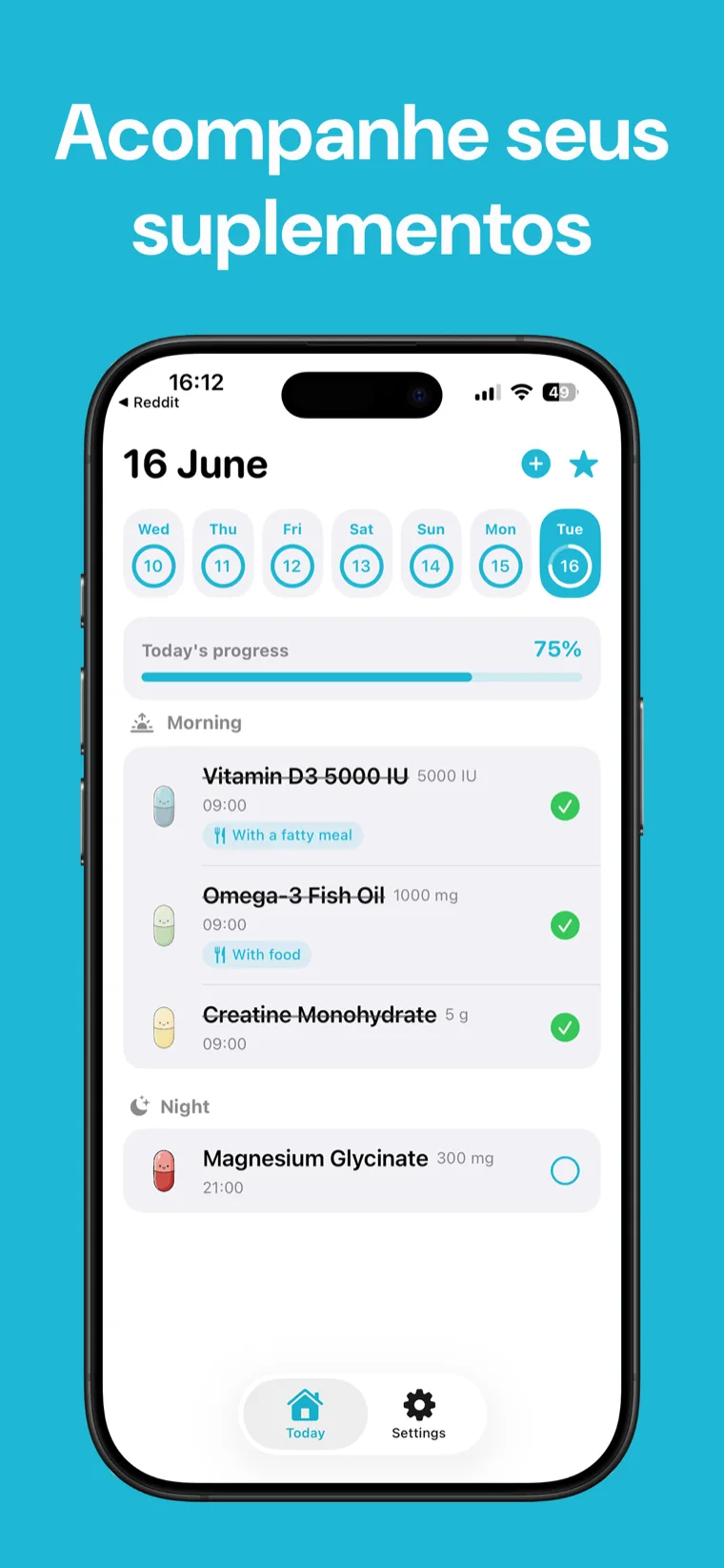 Acompanhe seus suplementos — Suplementos Tracker no iPhone exibindo a lista de suplementos com contagem regressiva para a próxima dose
