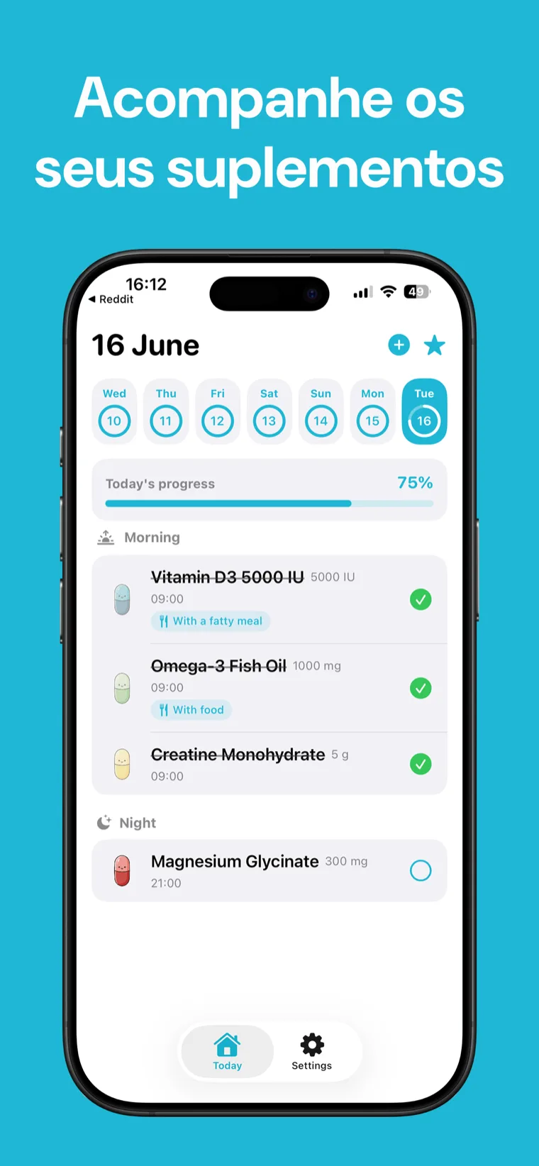 Acompanhe os seus suplementos — Suplementos Tracker no iPhone exibindo a sua lista de suplementos com contagem decrescente para a próxima dose.