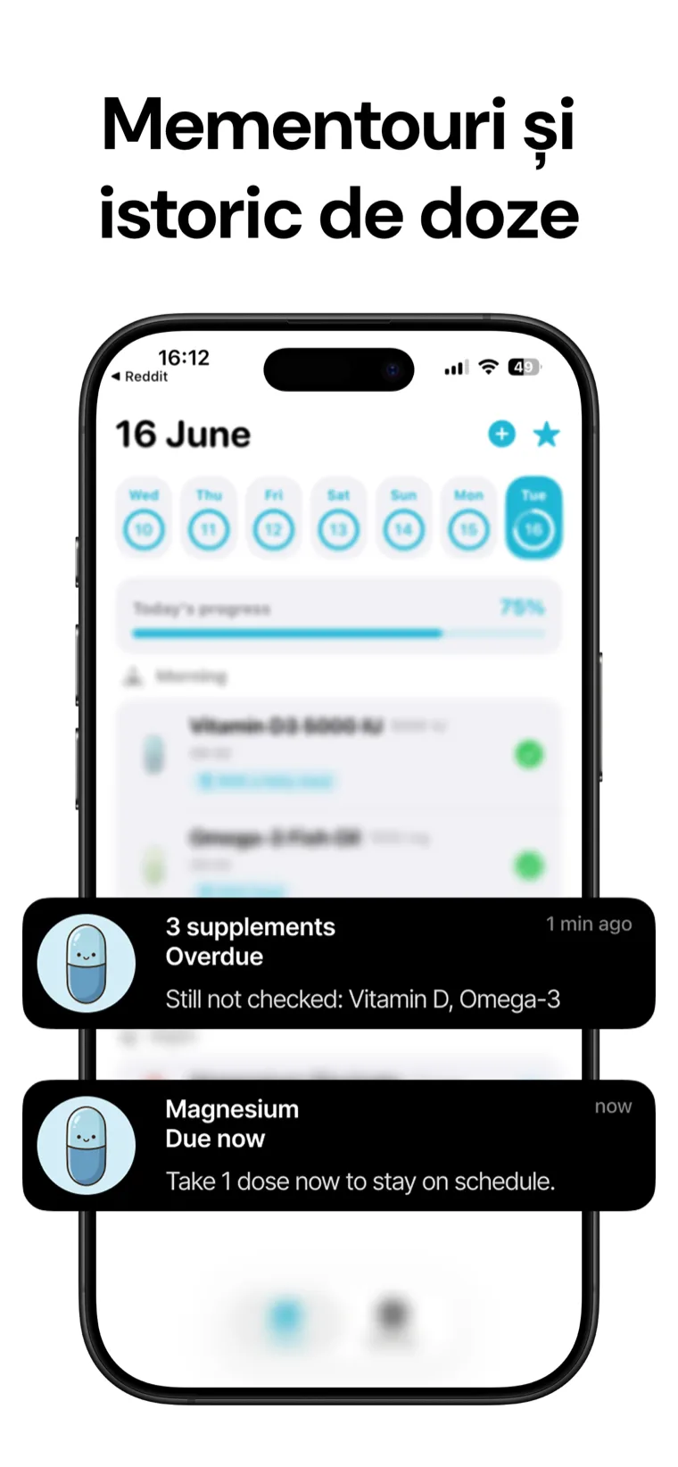 Mementouri și istoric de doze — Suplimente Tracker care arată mementourile pentru doze și istoricul complet al aportului