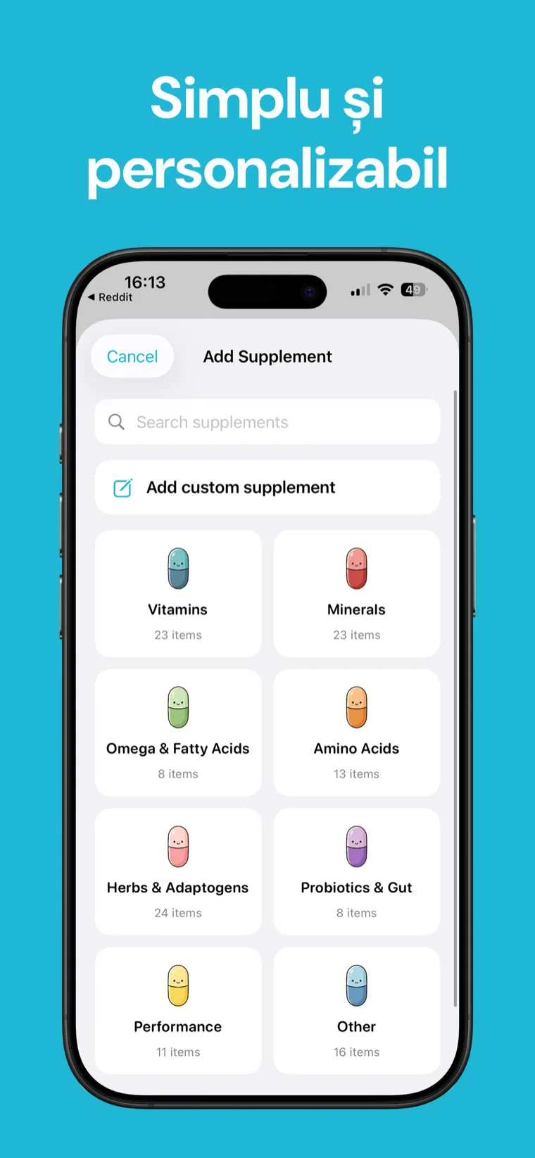 Simplu și personalizabil — Suplimente Tracker care arată numele personalizat al unui supliment, mascota, doza și setările programului