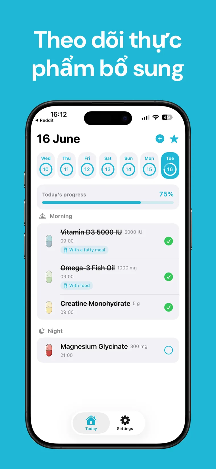 Theo dõi thực phẩm bổ sung — Ứng dụng Theo dõi TPCN trên iPhone hiển thị danh sách thực phẩm bổ sung với đồng hồ đếm ngược đến liều kế tiếp